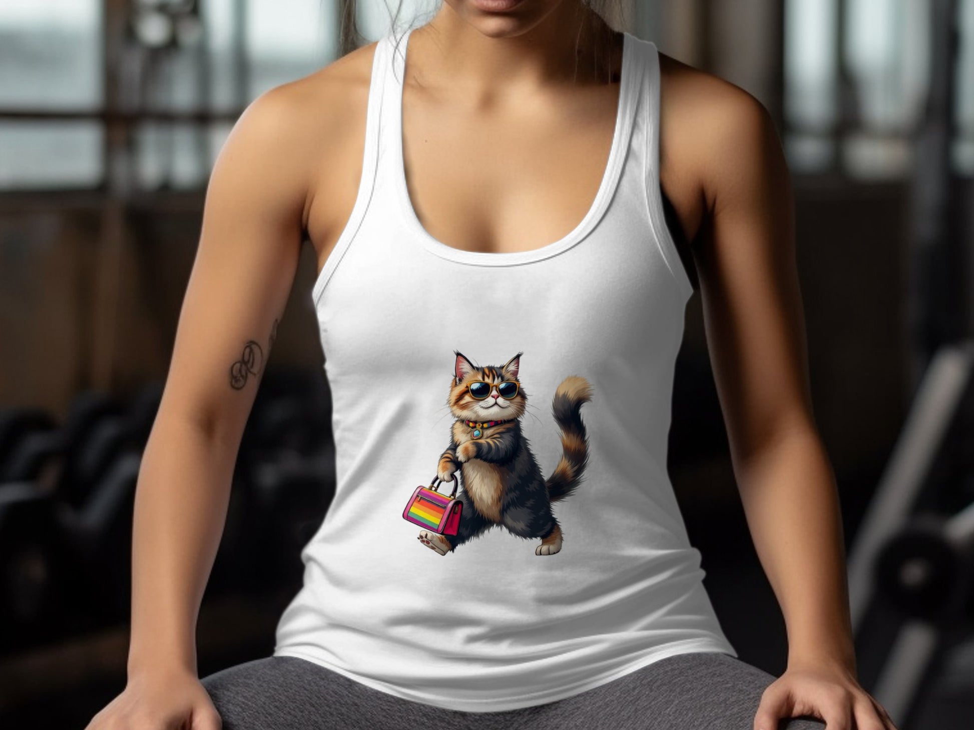 Cat with Shopping Bag Print on White Tank Top product type