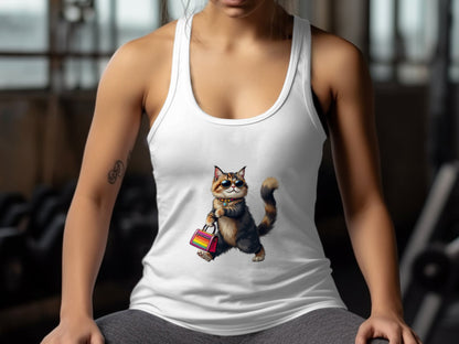 Cat with Shopping Bag Print on White Tank Top product type