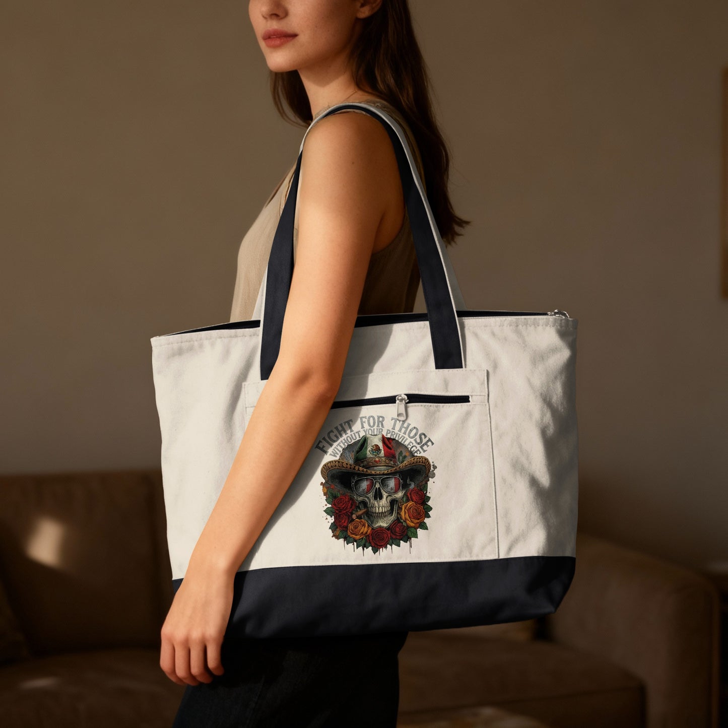 Tote bag with Day of the Dead skull, roses, and text "Fight for those without a voice."