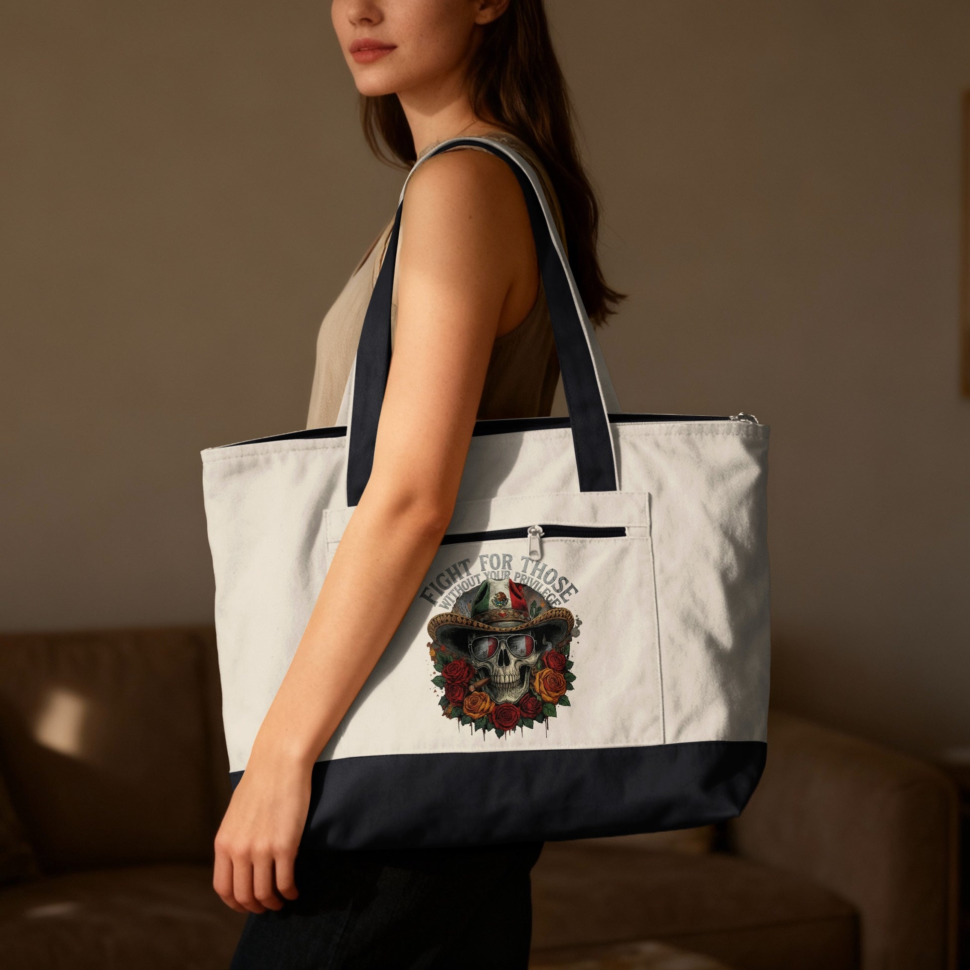 Tote bag with Day of the Dead skull, roses, and text "Fight for those without a voice."