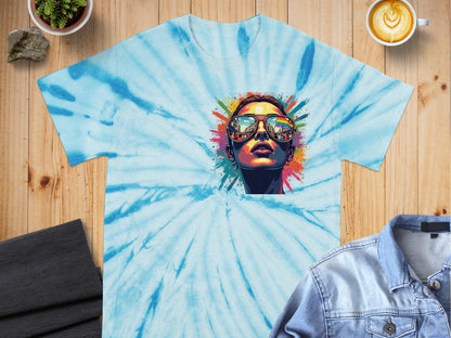 Trendy Blue Tie-Dye Shirt with Colorful Face Design product