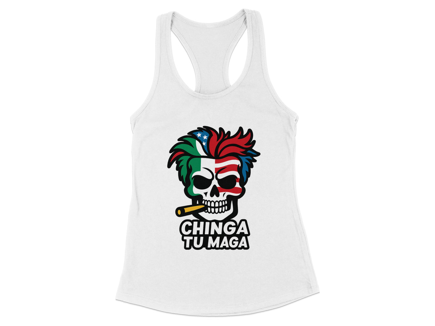 Chinga Tu Maga Skull Graphic White Tank Top