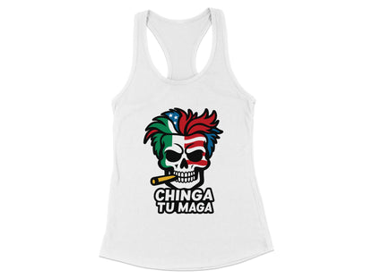 Chinga Tu Maga Skull Graphic White Tank Top