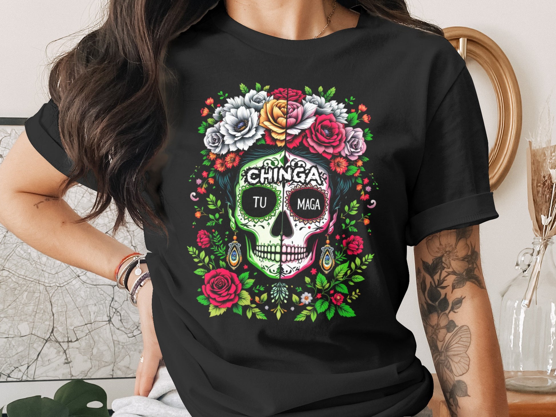 Chinga Tu Maga Floral Skull Short Sleeve Black T-Shirt Product