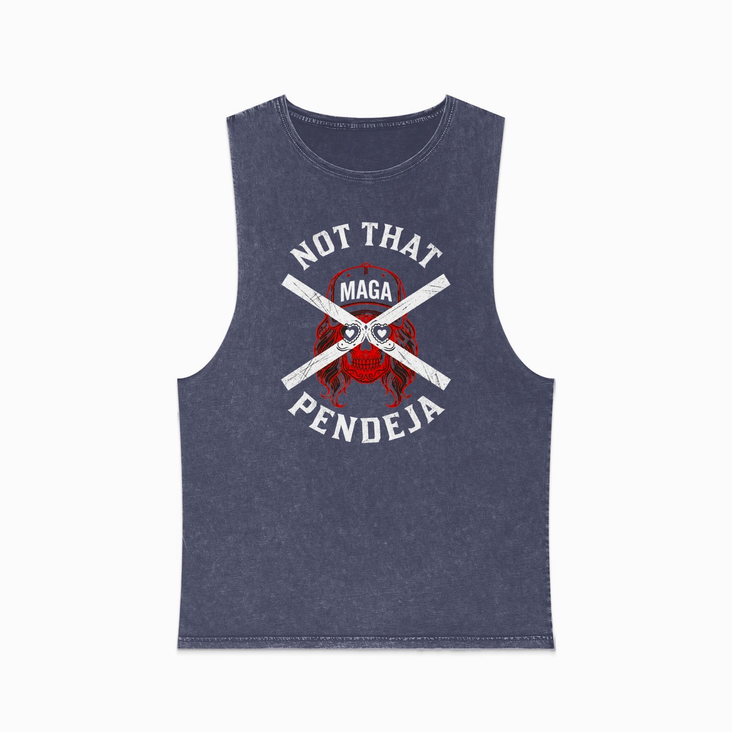 Muscle tank with red skull and text "NOT THAT MAGA PENDEJA"