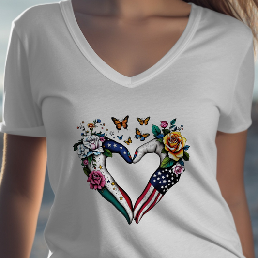 Mexican and American Heart Floral Hands Shirt product