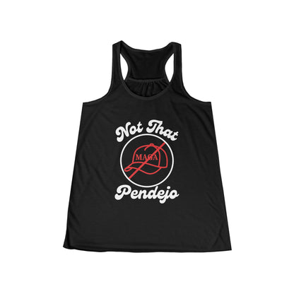 Black tank top with "Not That Pendejo" and crossed-out MAGA hat.