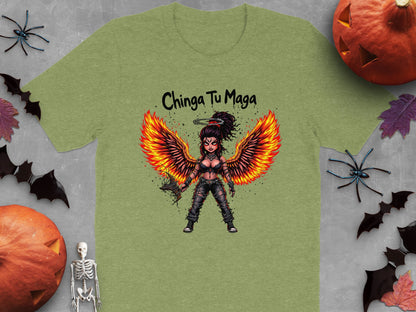 Chinga Tu Maga T-Shirt with Fiery Winged Character product type