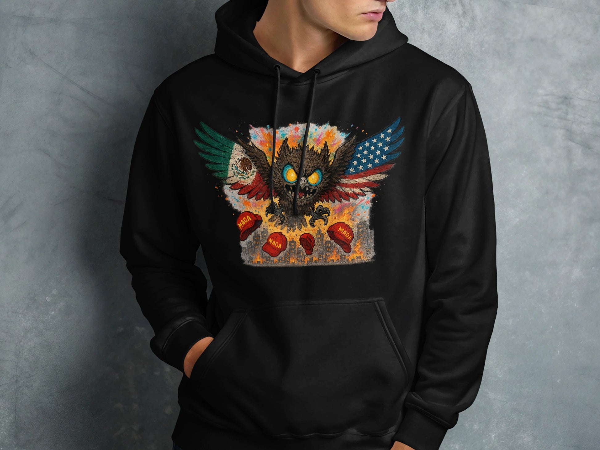 Fierce Owl with Fireworks Design Black Hoodie product
