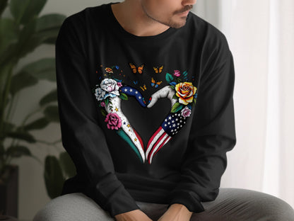 American Flag Heart and Flowers Graphic Long-Sleeve Shirt