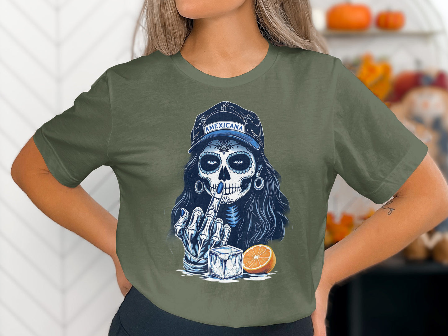 Skeleton Face with Hat Graphic on Green T-Shirt