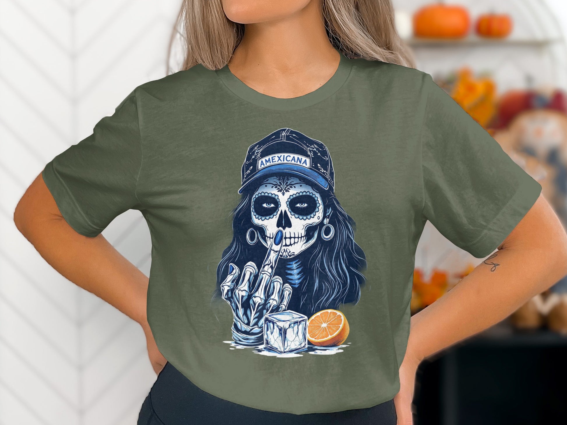 Skeleton Face with Hat Graphic on Green T-Shirt