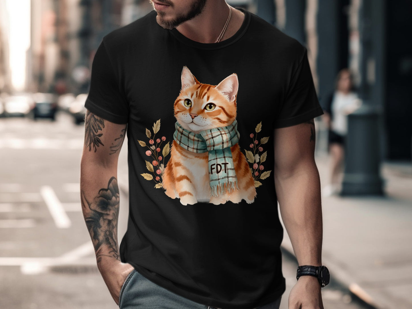 Cute Cat with Scarf Autumn Leaves T-Shirt