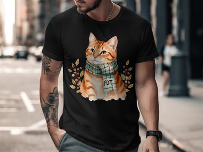 Cute Cat with Scarf Autumn Leaves T-Shirt