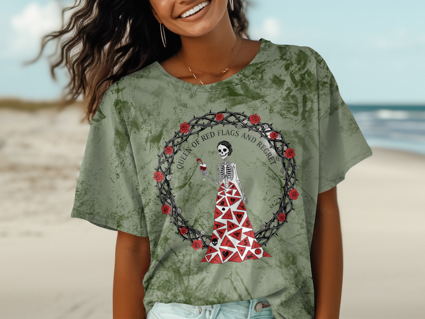 Queen of Red Flags and Regret Skeleton Graphic Shirt