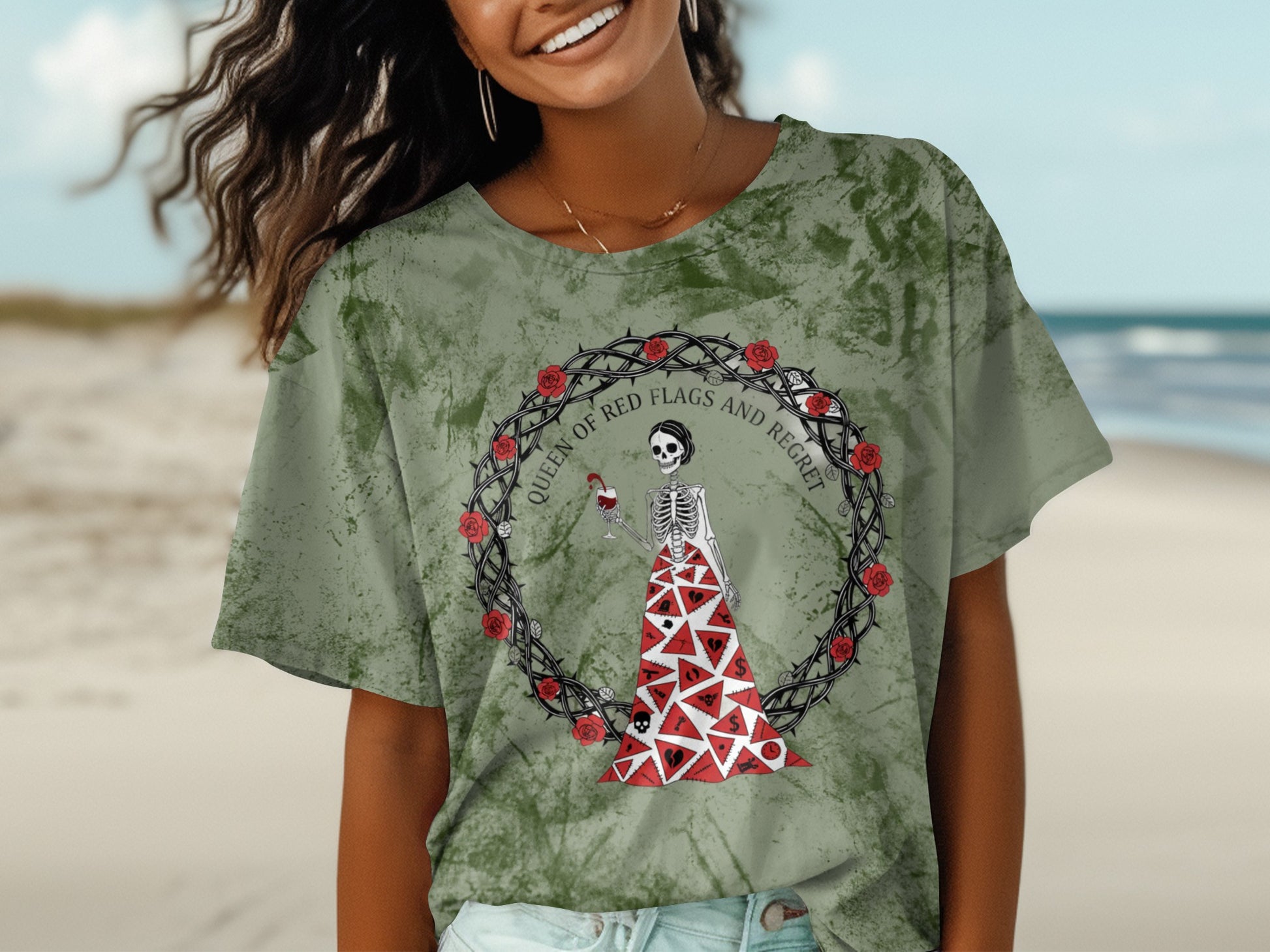 Queen of Red Flags and Regret Skeleton Graphic Shirt