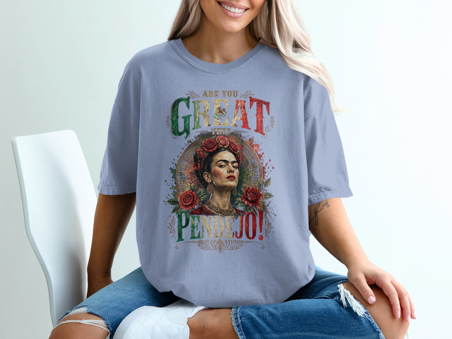 T-shirt with Frida Kahlo portrait and "ARE YOU GREAT PENDEJO?" text.