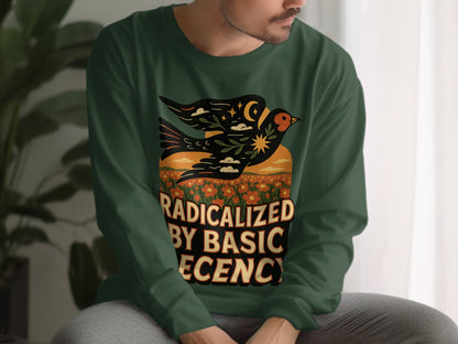 Radicalized by Basic Decency artwork on green product