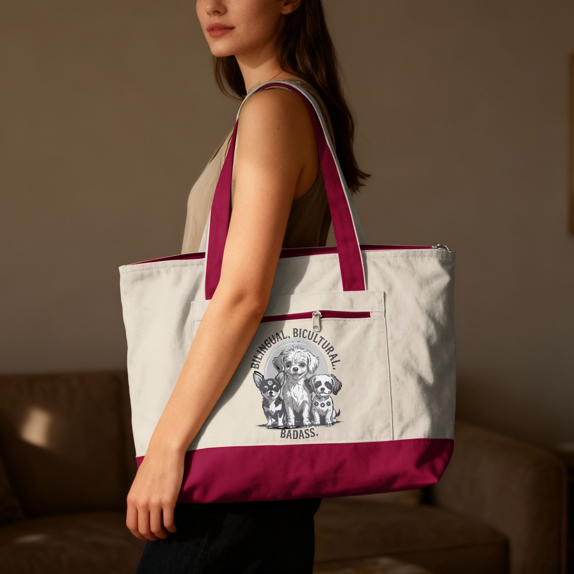 Tote bag with three dogs and text "BILINGUAL. BICULTURAL. BADASS."