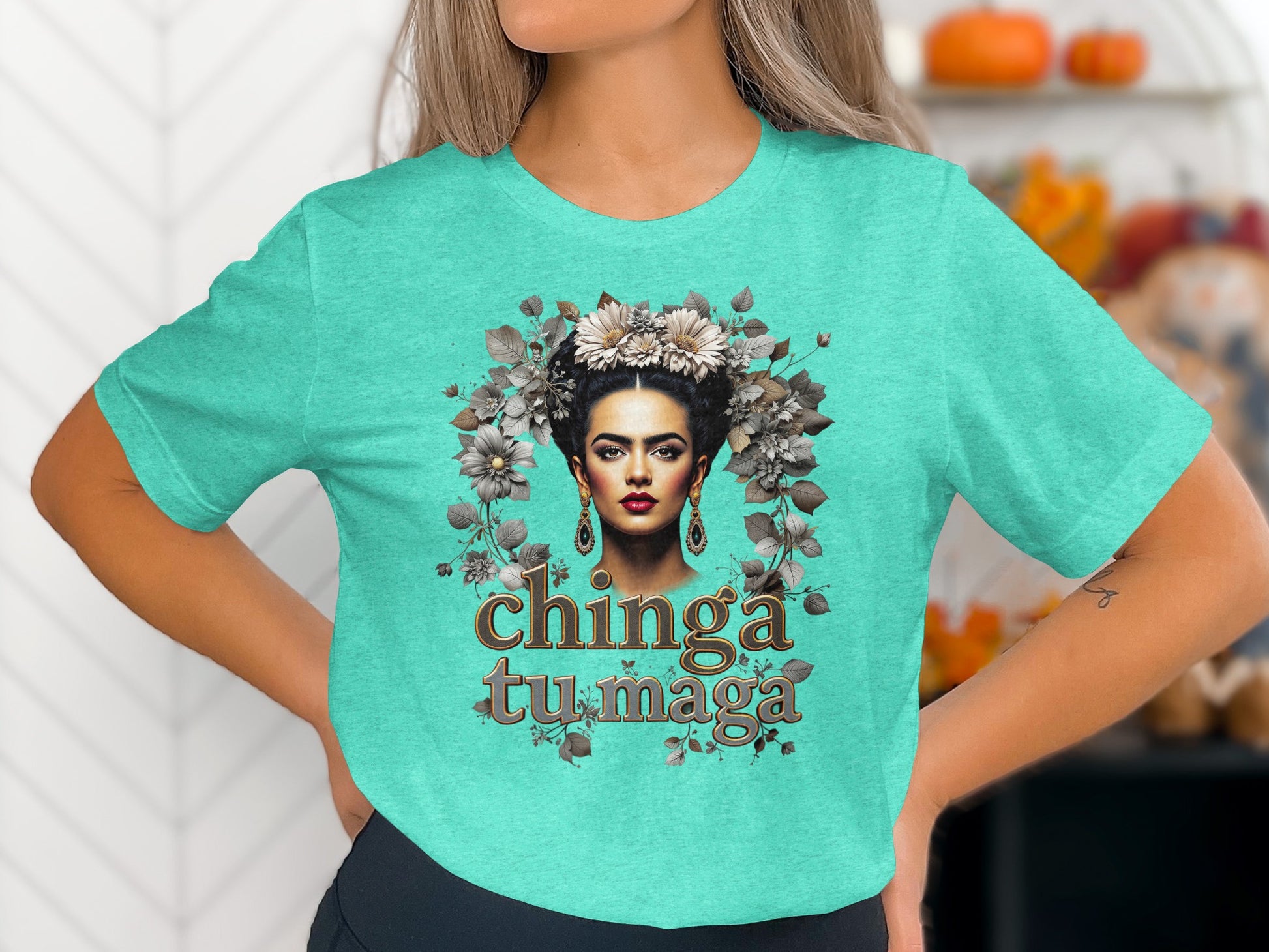 Chinga Tu Maga T-Shirt with Floral Headpiece Design