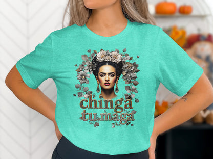 Chinga Tu Maga T-Shirt with Floral Headpiece Design
