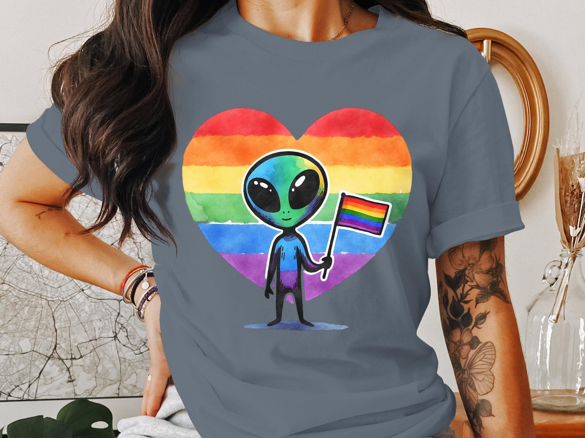 Alien Holding Pride Flag Heart Graphic T-Shirt product
