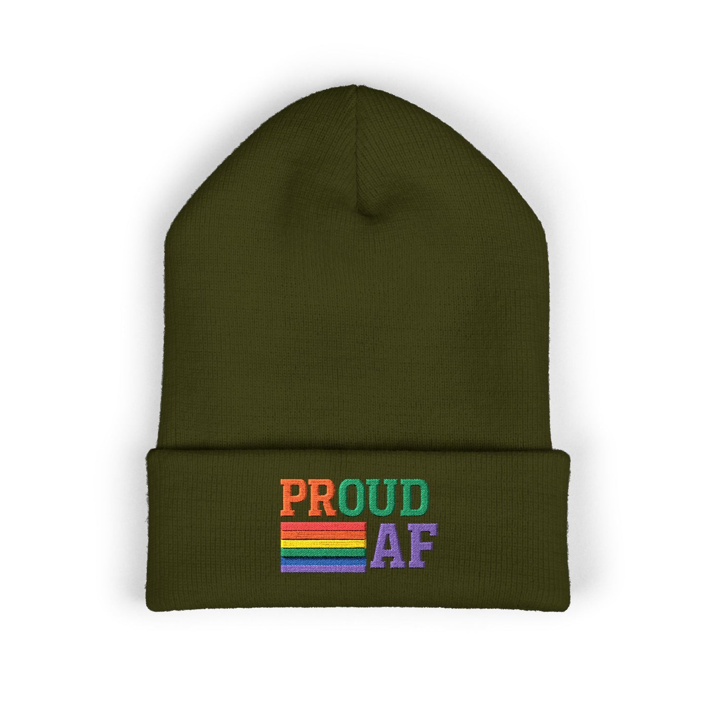 Proud AF Embroidered Beanie — Rainbow Pride Cuffed Hat