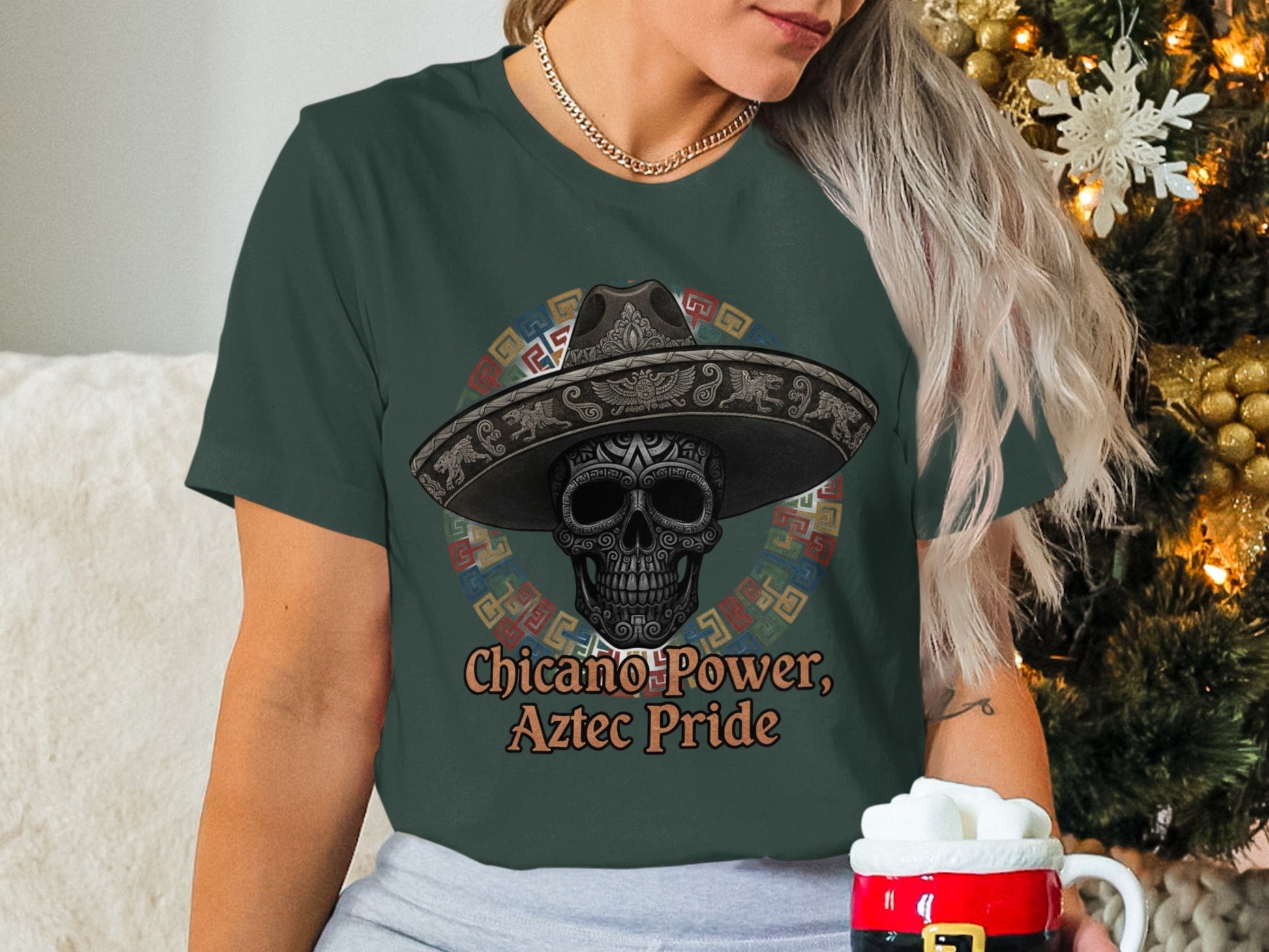 Chicano Power Aztec Pride Skull Graphic Tee