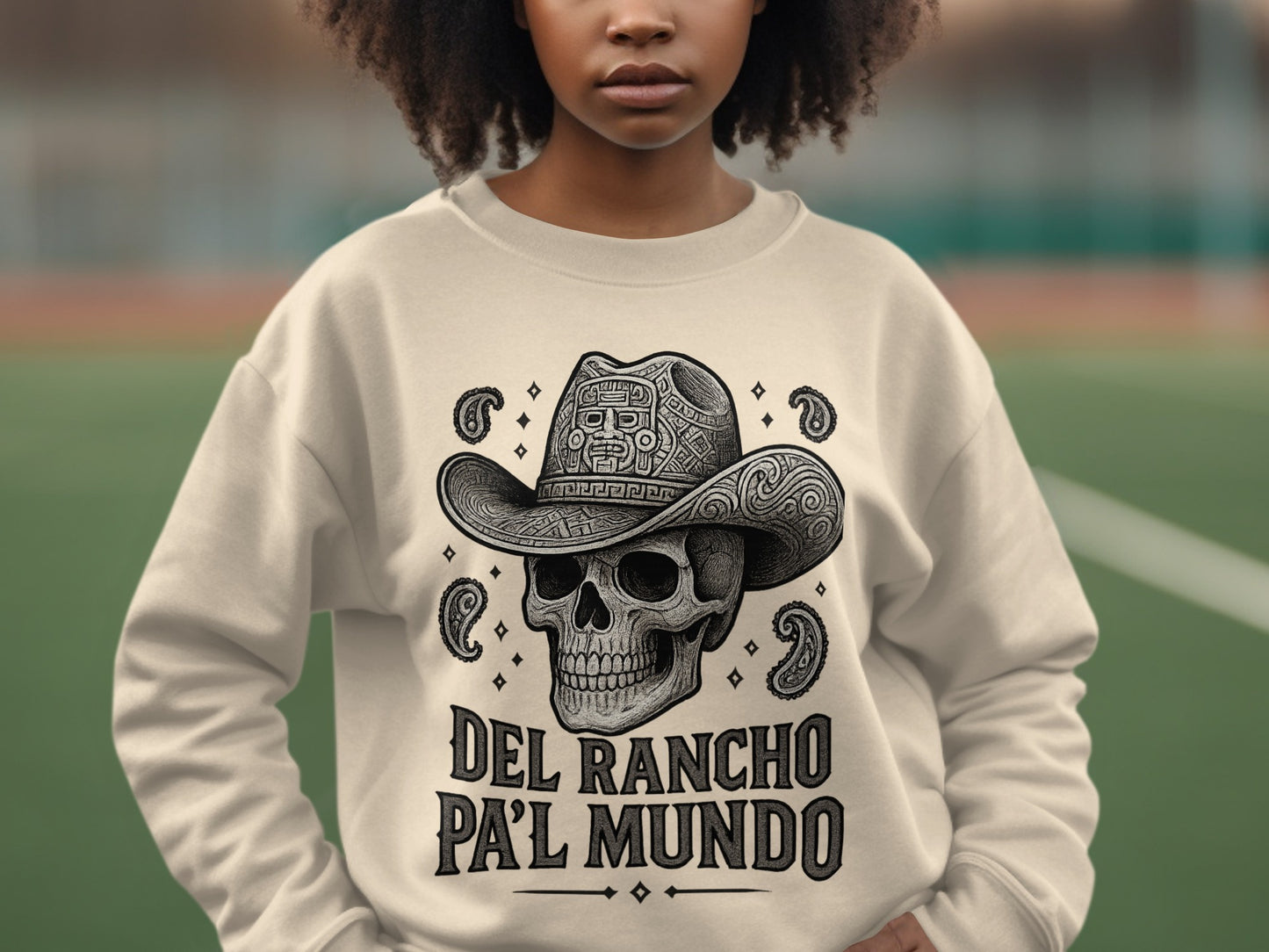 Del Rancho Pa'l Mundo Skull Cowboy Design Sweatshirt