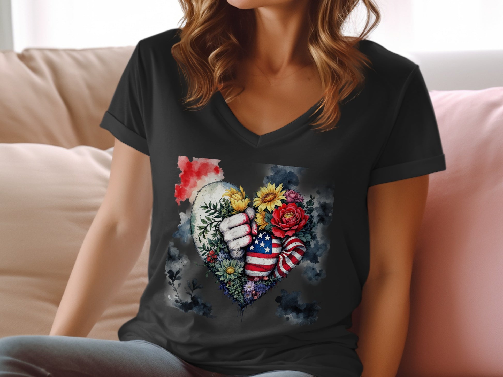 Heart Hand Holding Flowers American Flag Shirt product
