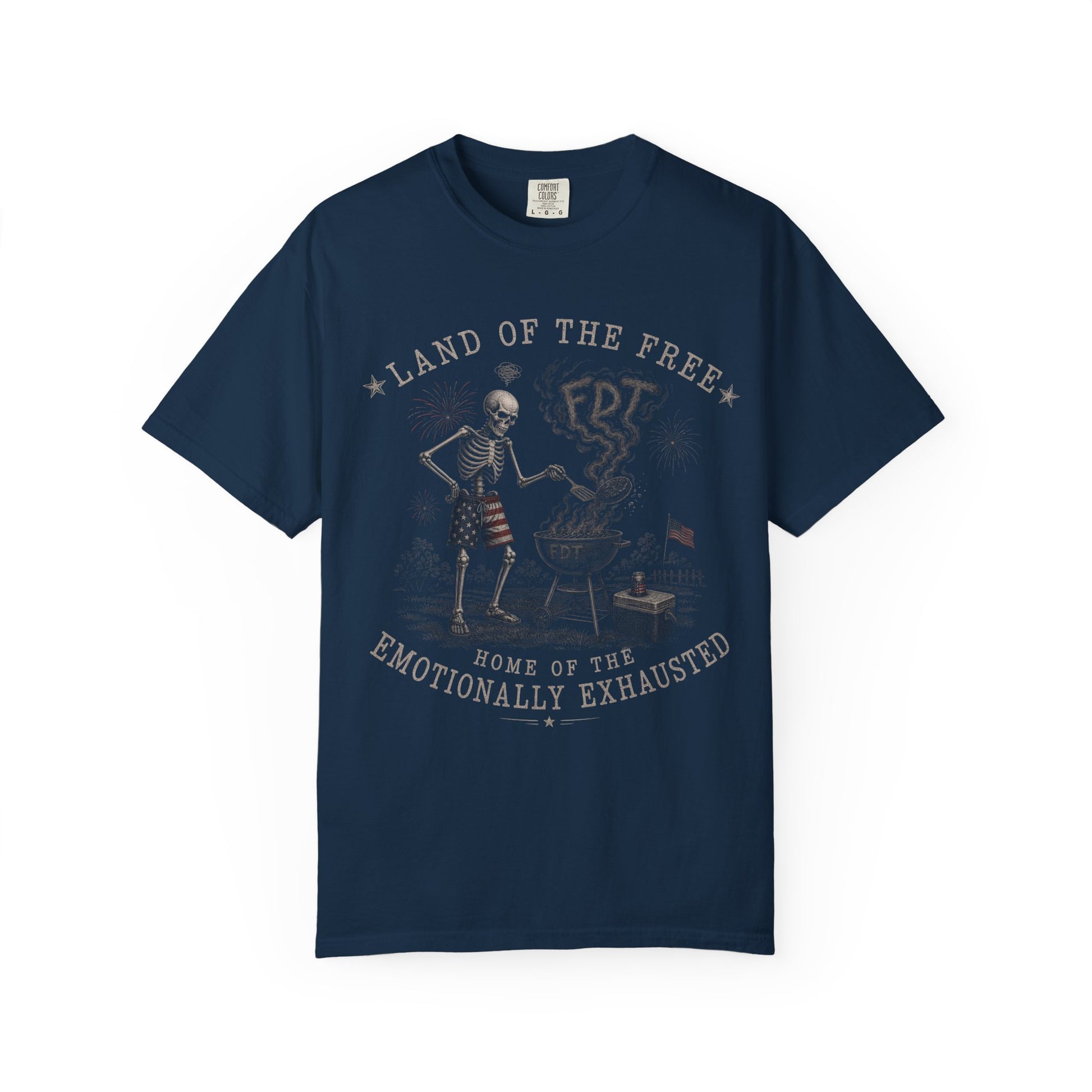 Navy t-shirt with skeleton grilling and "Land of the Free, Home of the Emotionally Exhausted" text.