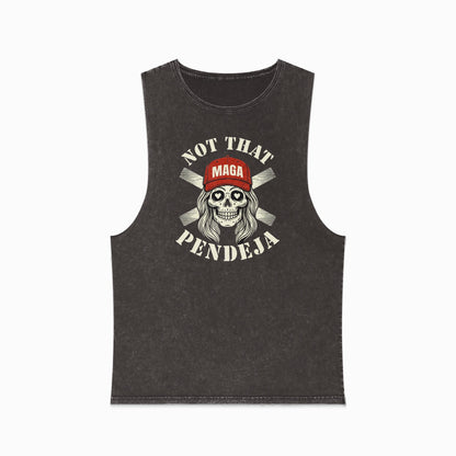 Black muscle tank with "Not That MAGA Pendeja" graphic and crossed bones.