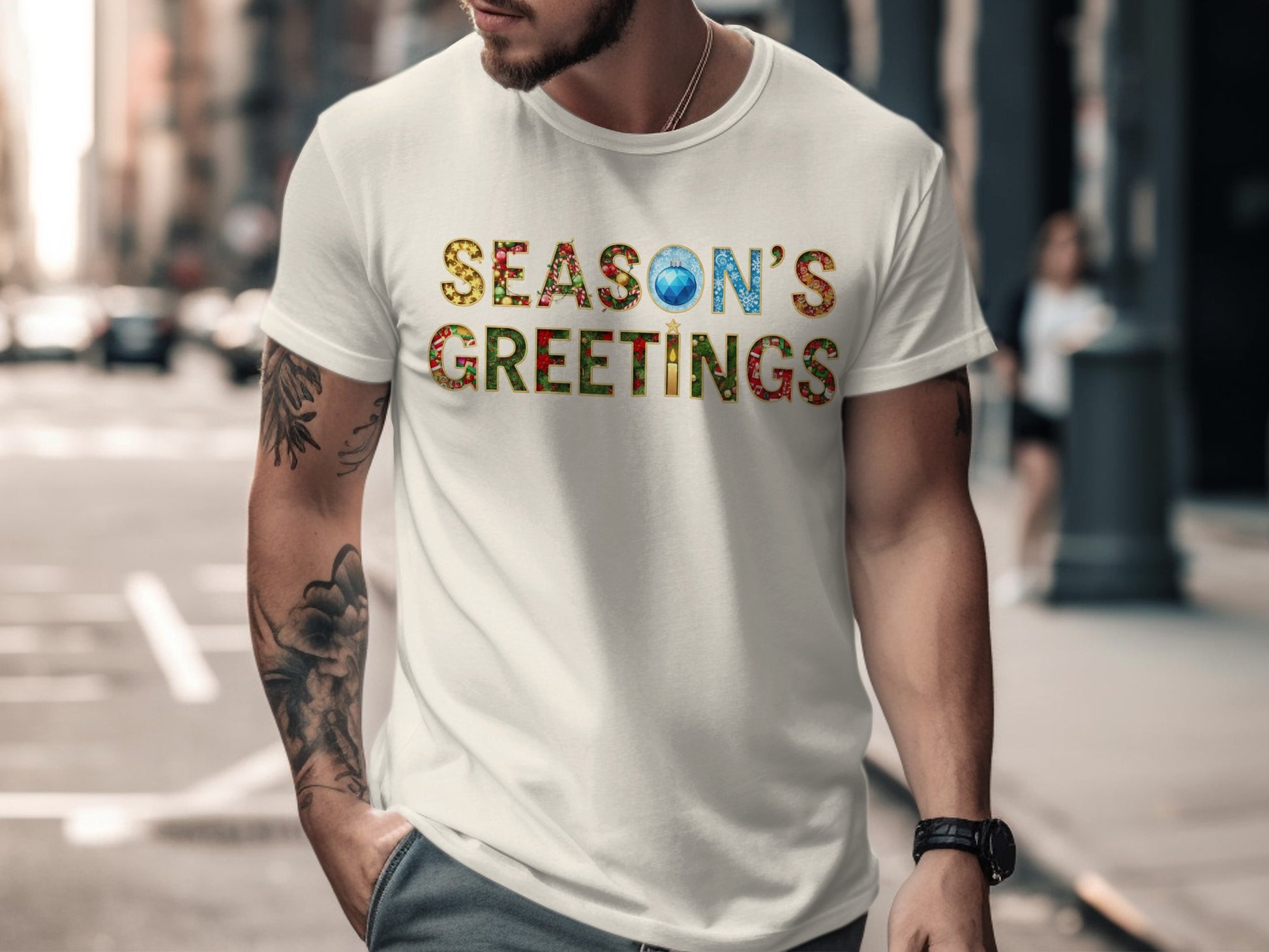 SEASON'S GREETINGS TEE ON WHITE BACKGROUND