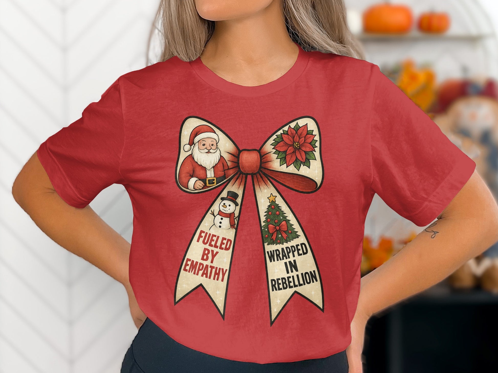 Christmas Themed Bow Design on Red Shirt