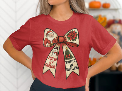 Christmas Themed Bow Design on Red Shirt