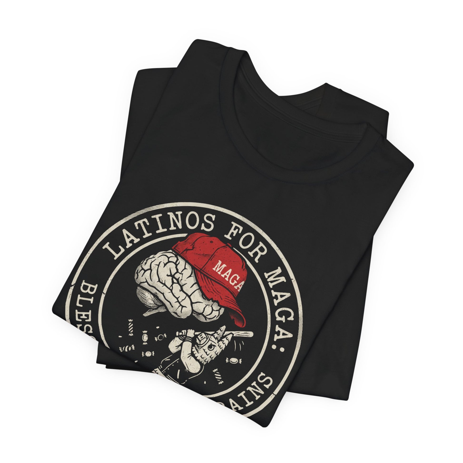 Black t-shirt with "Latinos for MAGA" text and a brain wearing a red MAGA hat.