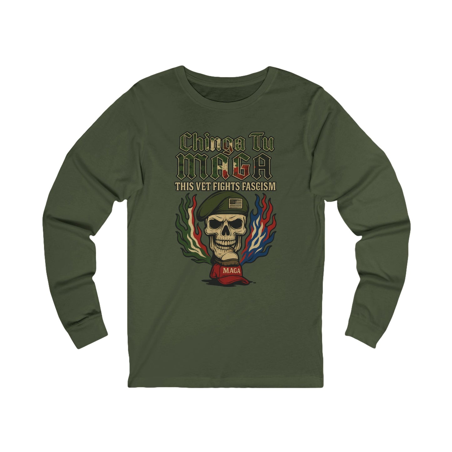 Chinga Tu Maga Skull & Flames Graphic Military Vet Tee Long Sleeve Tee