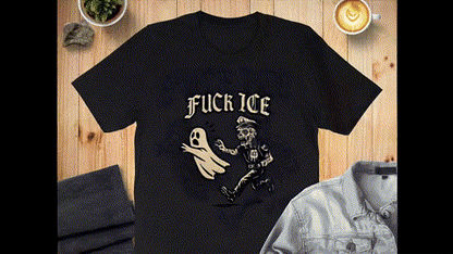 a black t-shirt with a graphic design, including a ghost and a police officer, along with a coffee cup and a jacket.