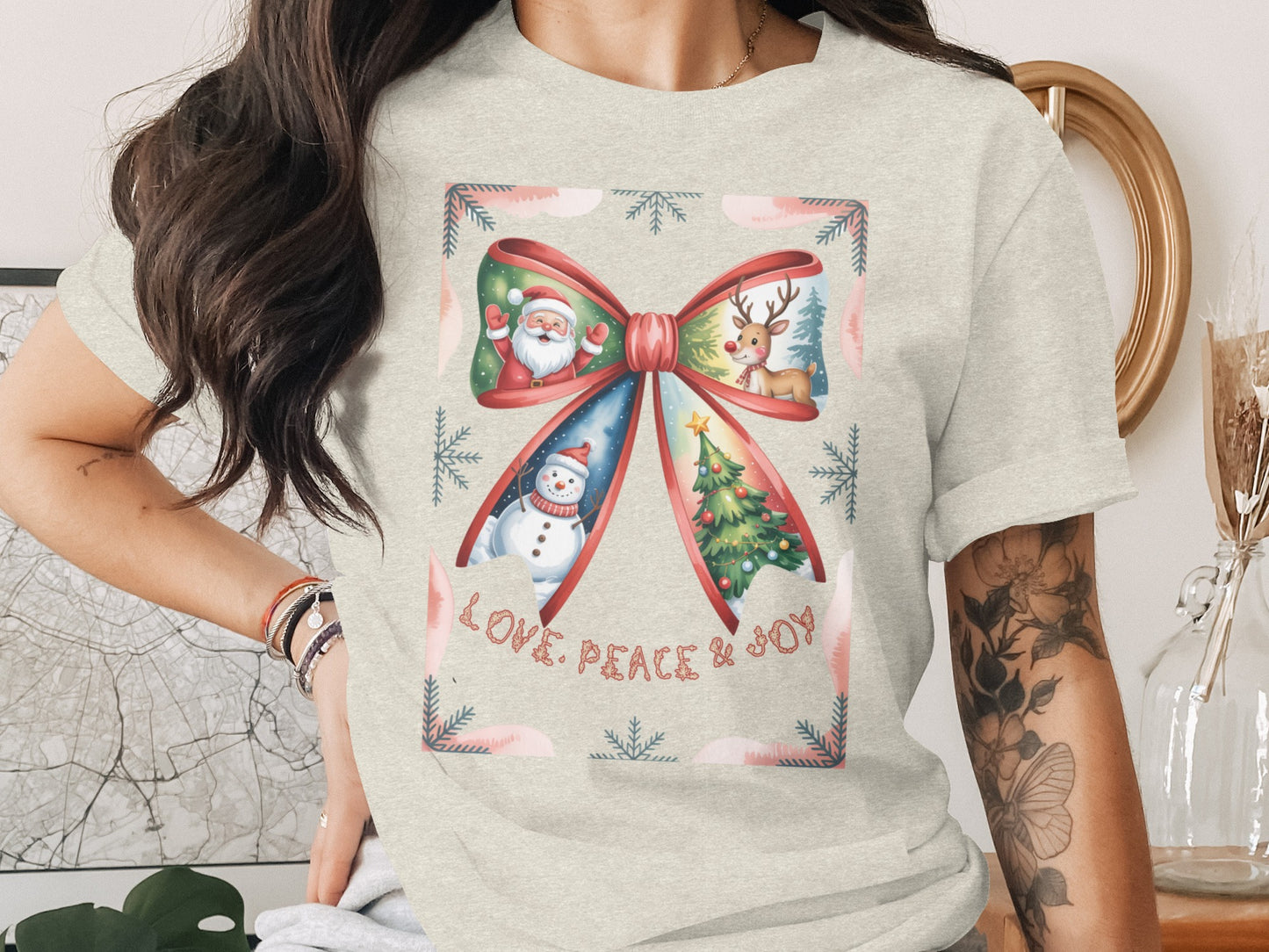 Love Peace Joy Santa Snowman Reindeer Christmas Tee