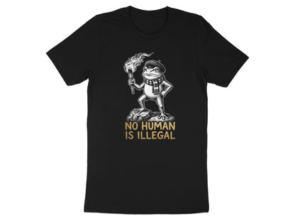 Black t-shirt with a frog wearing a beret and scarf holding a torch.