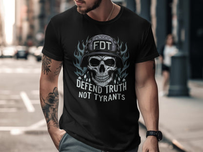 Defend Truth Not Tyrants Skull Helmet Graphic Shirt