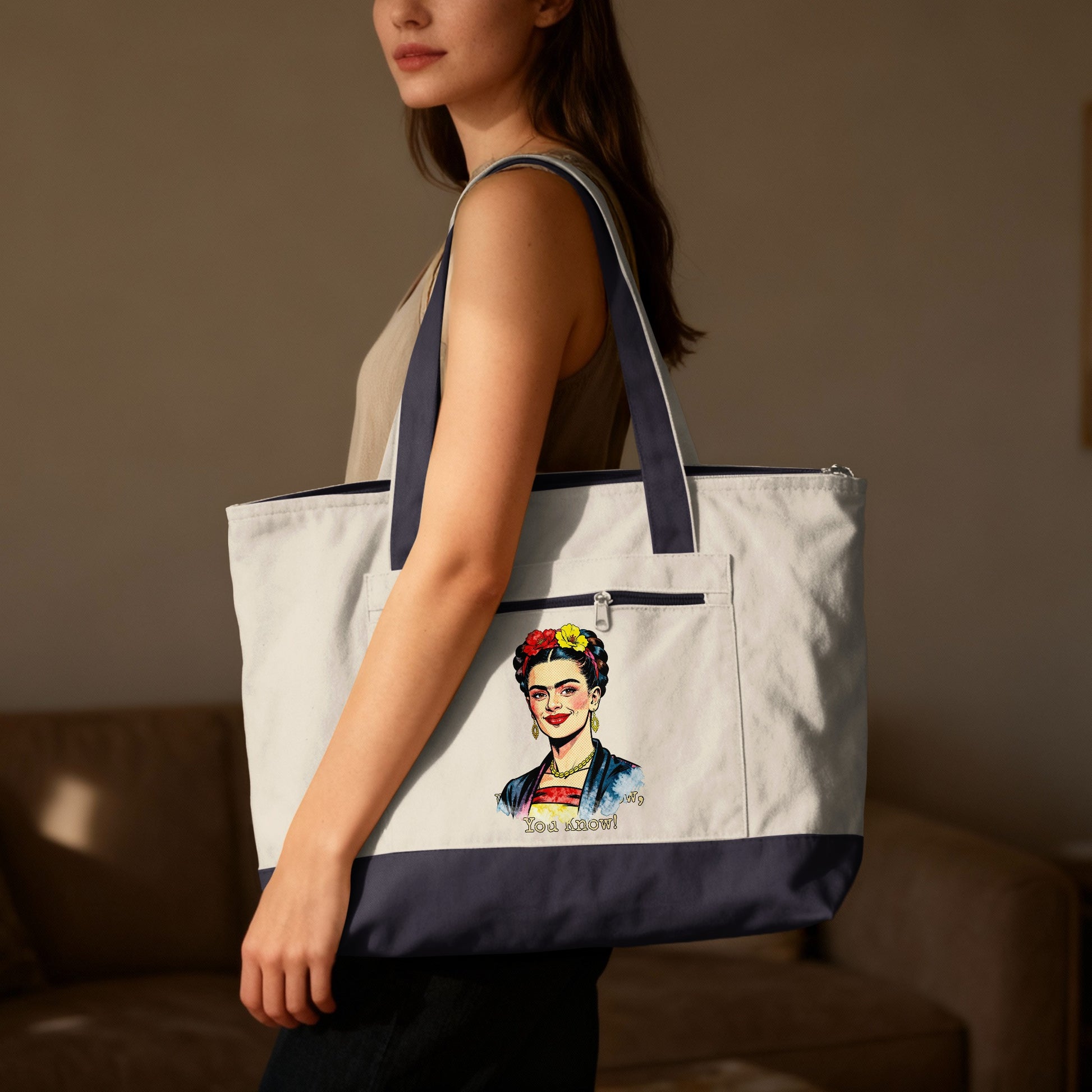 Tote bag featuring a colorful illustration of Frida Kahlo's face.