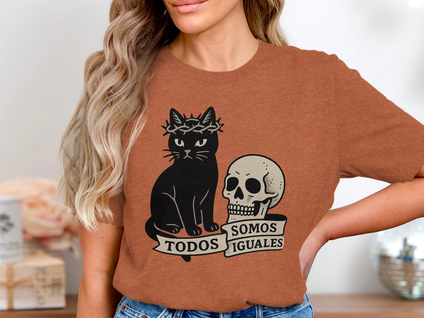 Todos Somos Iguales Black Cat Skull Graphic Shirt product