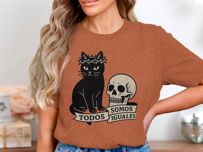 Todos Somos Iguales Black Cat Skull Graphic Shirt product