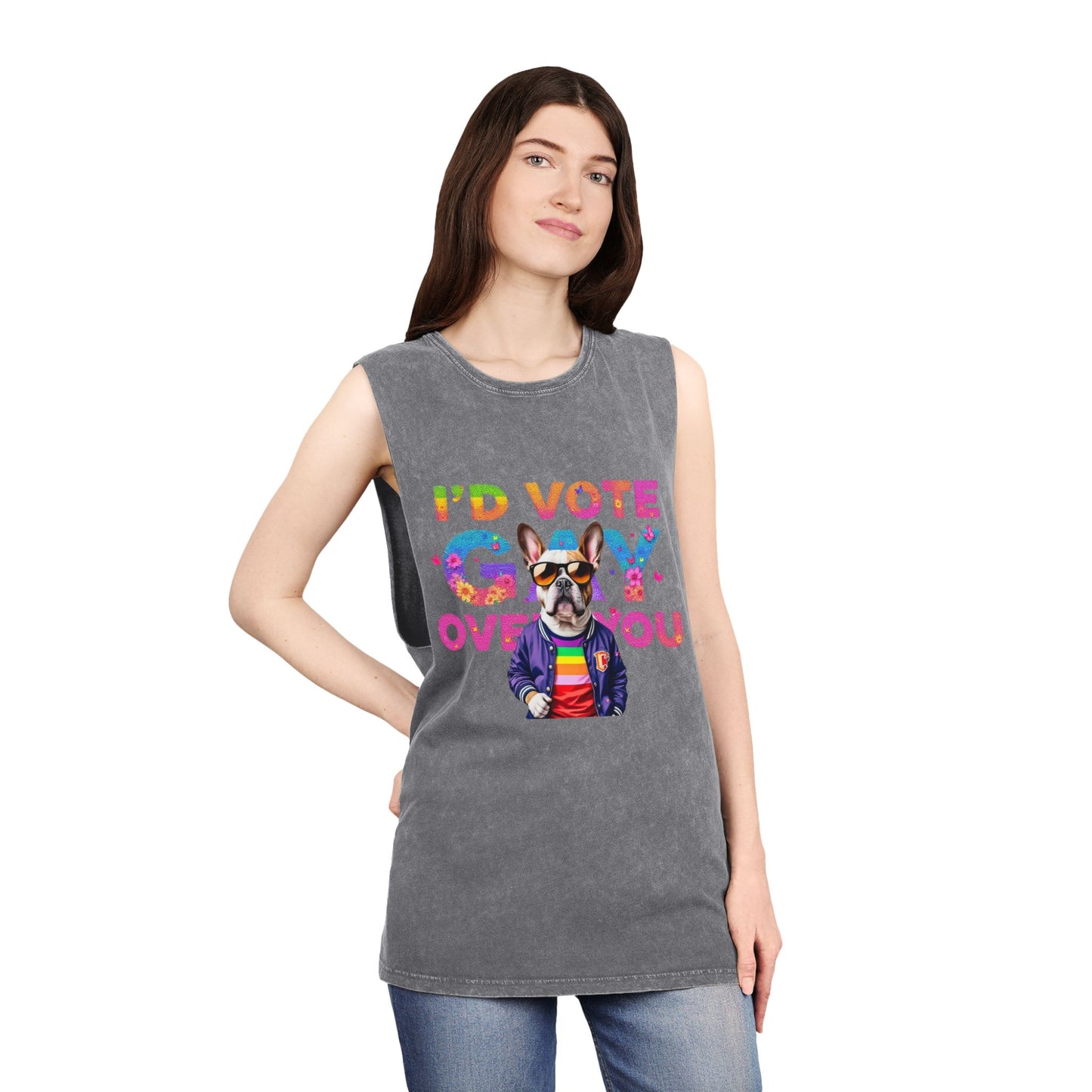 Unisex Stonewash Tank Top - 'I'd Vote Gay Over You' Dog Design