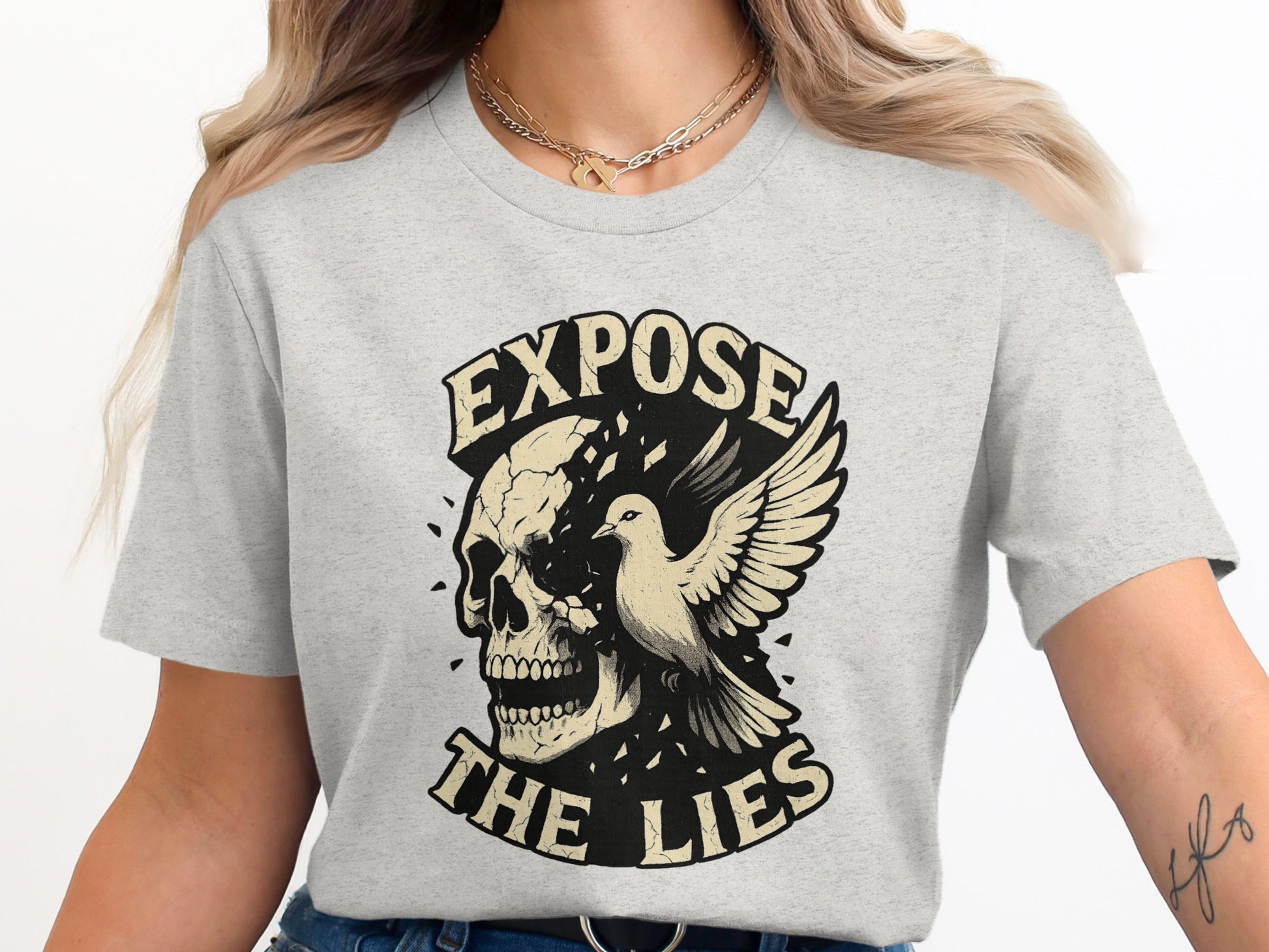 Expose the Lies Skull and Dove Graphic T-shirt product
