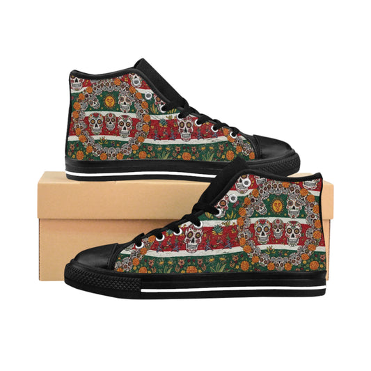 Colorful Dia de los Muertos Sneakers, High-Top Sneakers for Women, Unique Skulls Design Shoes, Festival Footwear, Casual Style Sneakers