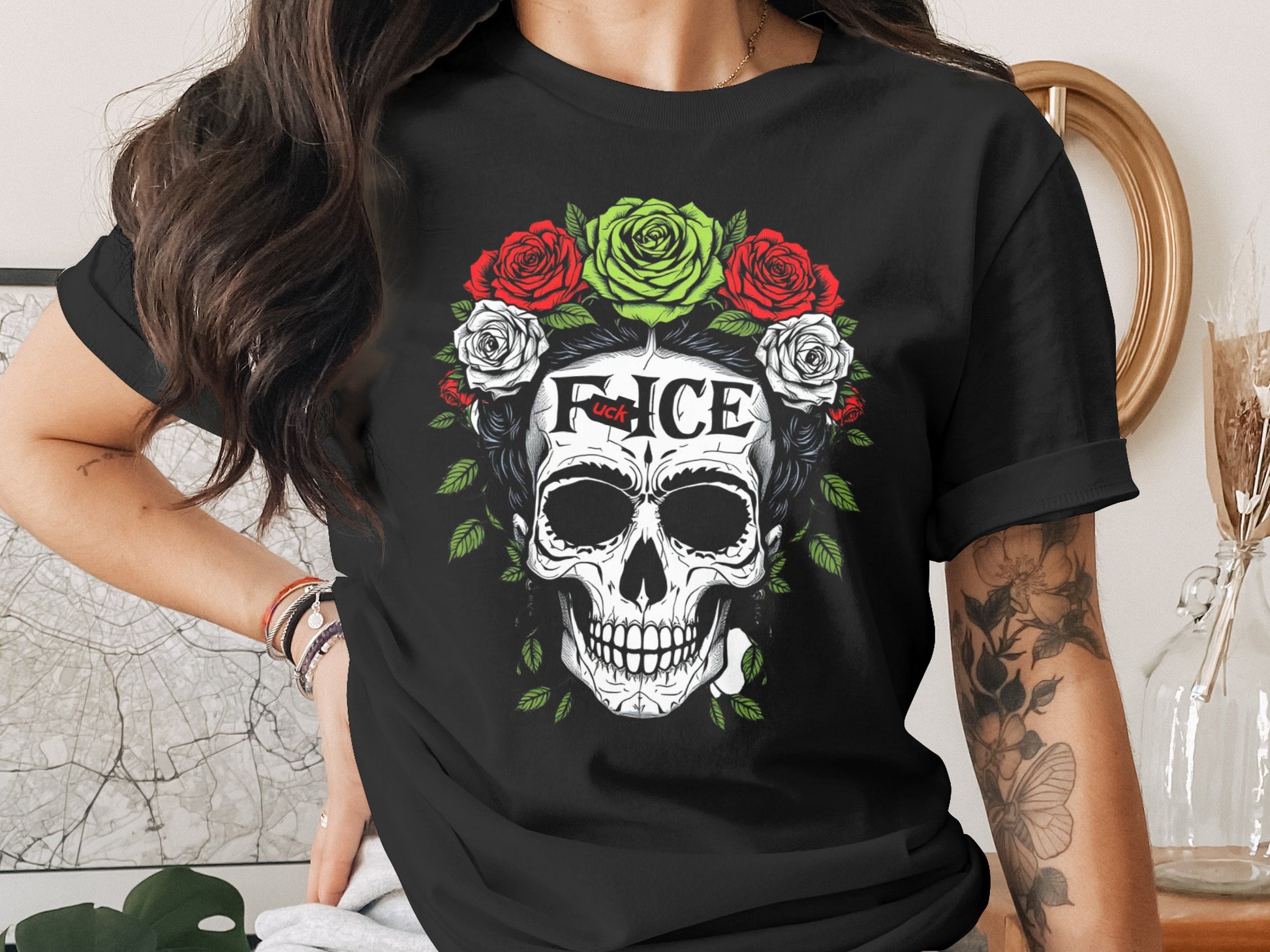 Detailed Skull and Flowers Artwork T Shirt Product