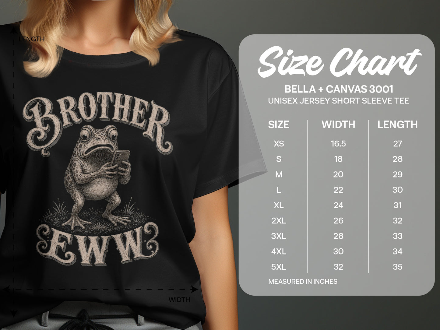 T-shirt graphic of a frog reading a phone, with "BROTHER" above.