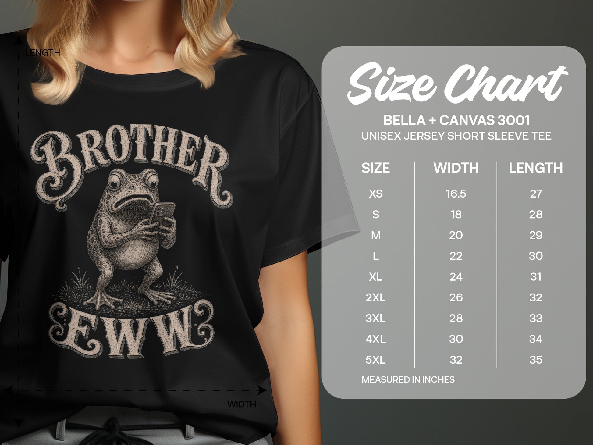T-shirt graphic of a frog reading a phone, with "BROTHER" above.